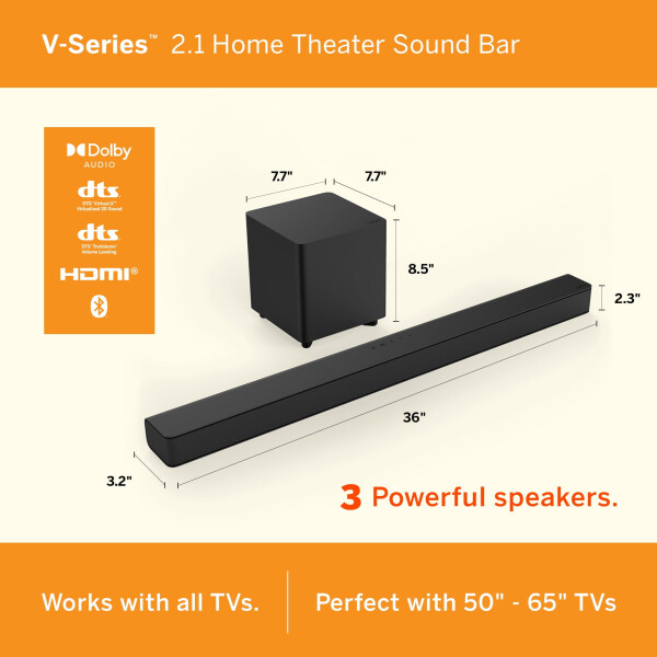 DTS Virtual: X, Bluetooth xususiyatiga ega VIZIO V-seriyali 2.1 uy teatri ovoz paneli V21x-J8 - 2