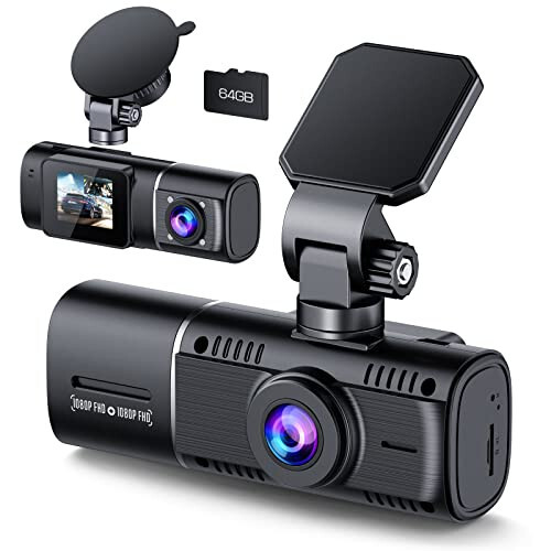 Dual Dash Cam Front and Inside 1080P Dash Camera for Cars IR Night Vision Car Camera for Taxi Accident Lock Parking Monitor 2 Mounting Options 64GB SD Card - LAMTTO