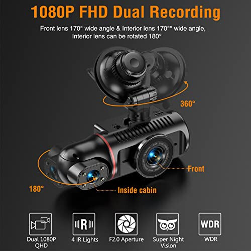 Dual Dash Cam Front and Inside, FHD Dashcams for Cars with 64GB Card Dash Camera for Cars, 1080P Front Dash Cam+1080P Inside Dashcam for Car Dash Camera with IR Night Vision Loop Recording - 3