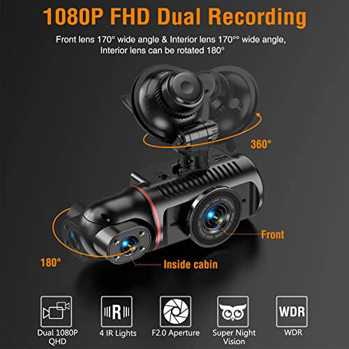 Dual Dash Cam Front and Inside, FHD Dashcams for Cars with 64GB Card Dash Camera for Cars, 1080P Front Dash Cam+1080P Inside Dashcam for Car Dash Camera with IR Night Vision Loop Recording - 3