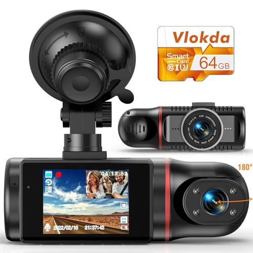Dual Dash Cam Front and Inside, FHD Dashcams for Cars with 64GB Card Dash Camera for Cars, 1080P Front Dash Cam+1080P Inside Dashcam for Car Dash Camera with IR Night Vision Loop Recording - Vlokda