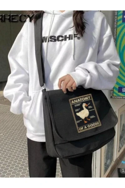 Duck Anatomy Baskılı Unisex Siyah Postacı Çantası-Siyah - Modazone (1)