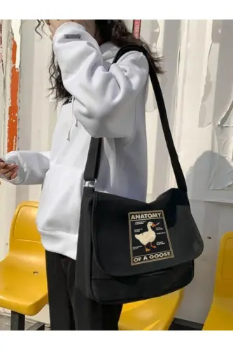 Duck Anatomy Baskılı Unisex Siyah Postacı Çantası 