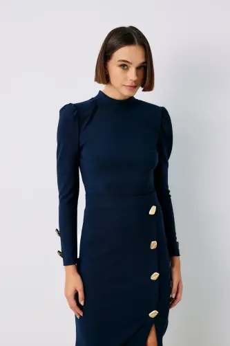 Düğme Detalli Crop Bluz - LACİVERT-LACİVERT - 2
