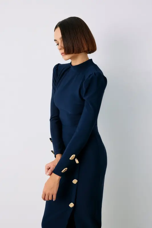 Düğme Detalli Crop Bluz - LACİVERT-LACİVERT - 3