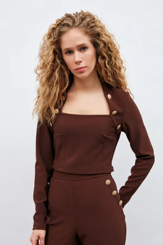 Düğme Detaylı Bluz - Kahve - KAHVE - 4
