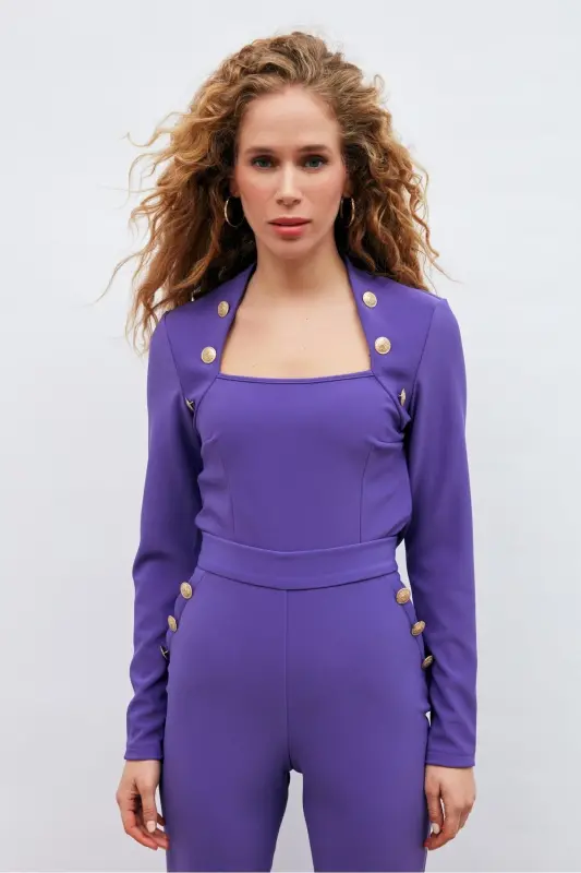 Düğme Detaylı Bluz - Mor-MOR - SATEEN