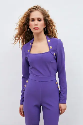 Düğme Detaylı Bluz - Mor-MOR - 5