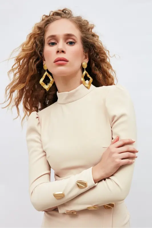 Düğme Detaylı Crop Bluz - Bej - BEJ - 5