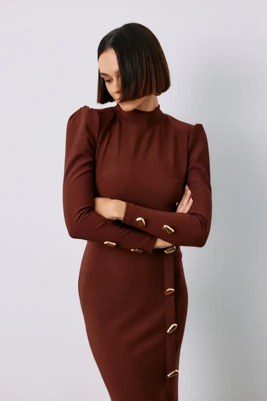 Düğme Detaylı Crop Bluz - Kahve - KAHVE - SATEEN
