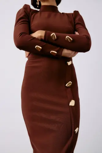Düğme Detaylı Crop Bluz - Kahve - KAHVE - 3