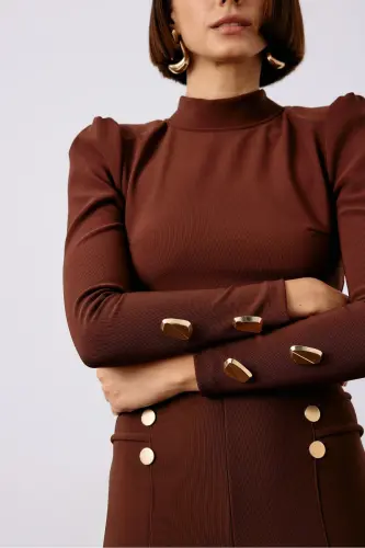 Düğme Detaylı Crop Bluz - Kahve - KAHVE - 4
