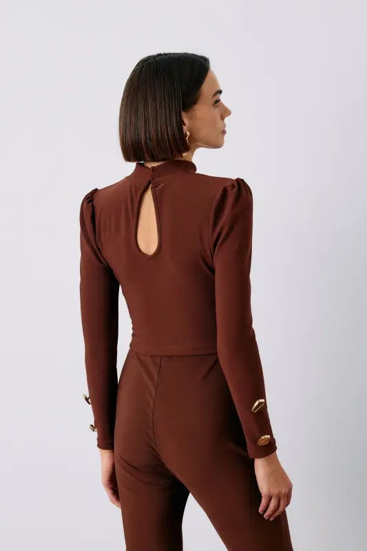 Düğme Detaylı Crop Bluz - Kahve - KAHVE - 5