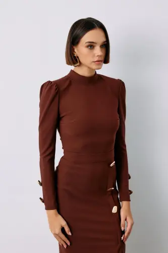Düğme Detaylı Crop Bluz - Kahve - KAHVE - SATEEN (1)