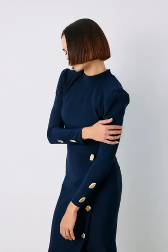 Düğme Detaylı Crop Bluz - Lacivert - LACİVERT 