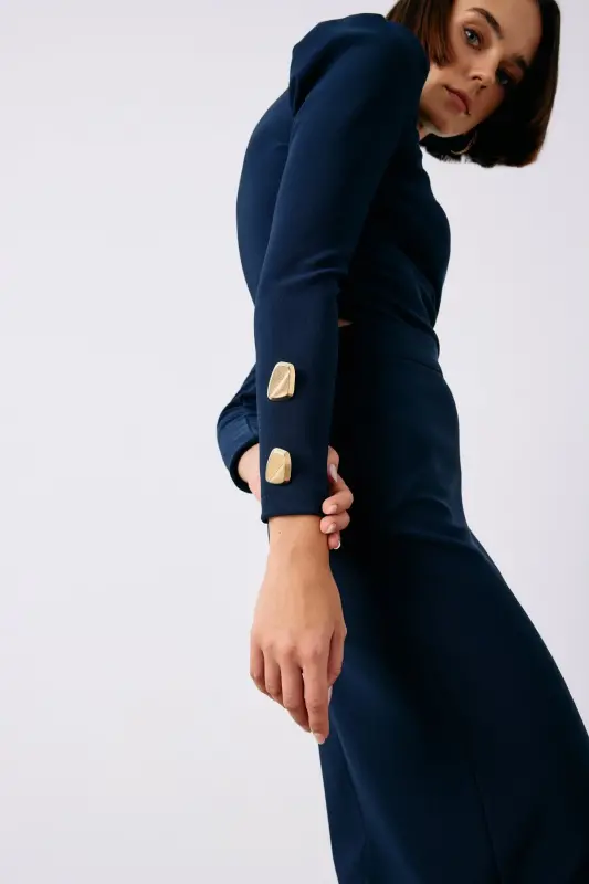 Düğme Detaylı Crop Bluz - Lacivert - LACİVERT - 4