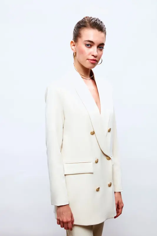 Düğme Detaylı Kruvaze Ceket - Taş-TAŞ - 2