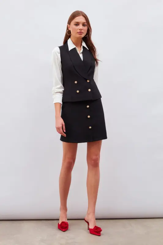 Düğme Detaylı Mini Etek - Siyah-SİYAH - 3