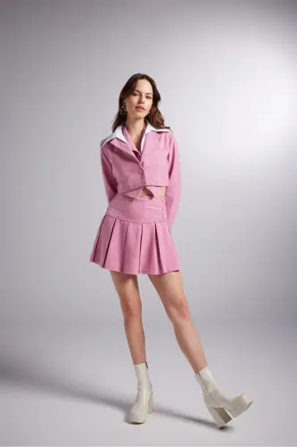 Düğme Detaylı Pileli Mini Kira Etek Pembe-Pembe - 7