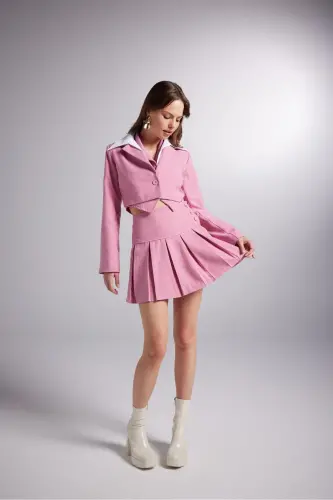 Düğme Detaylı Pileli Mini Kira Etek Pembe-Pembe 