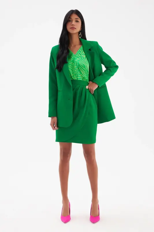 Düğme Detaylı Saten Krep Etek - Yeşil-YEŞİL - SATEEN