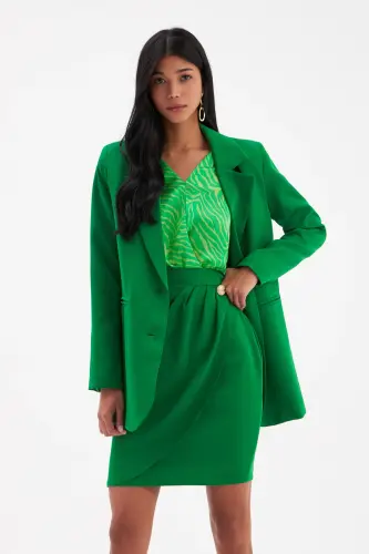 Düğme Detaylı Saten Krep Etek - Yeşil-YEŞİL - 3