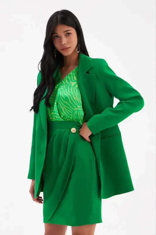 Düğme Detaylı Saten Krep Etek - Yeşil-YEŞİL - 4