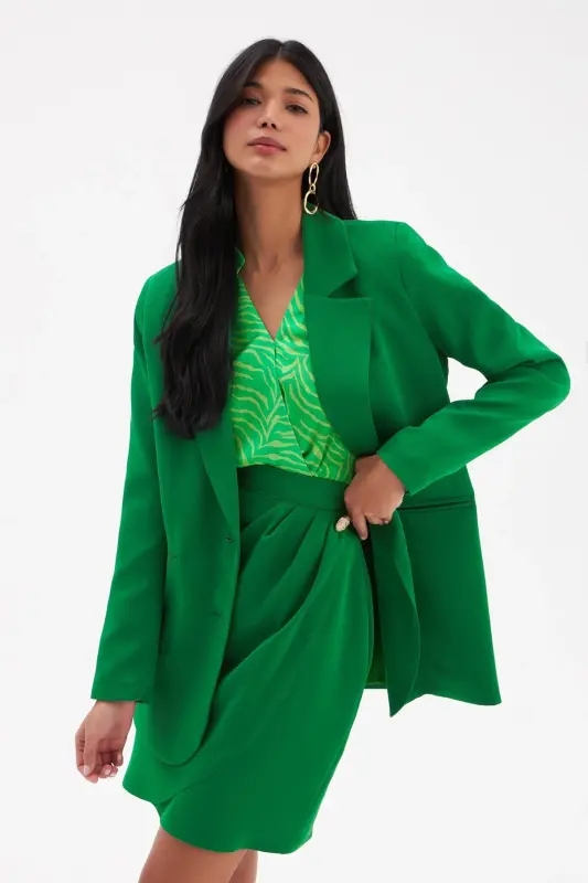 Düğme Detaylı Saten Krep Etek - Yeşil-YEŞİL - 5