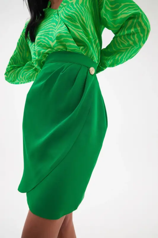 Düğme Detaylı Saten Krep Etek - Yeşil-YEŞİL - 6