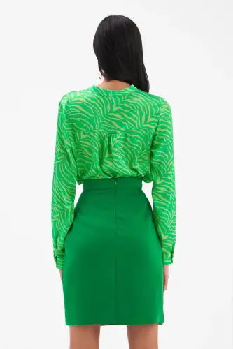 Düğme Detaylı Saten Krep Etek - Yeşil-YEŞİL - 7