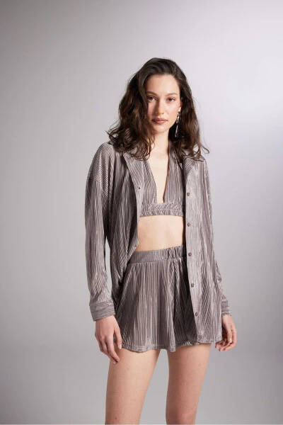 Düğme Kapamalı Comfy Oversize Gömlek Vizon-Vizon - 7