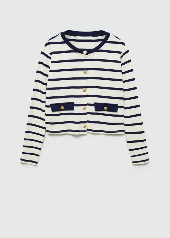 Düğmeli çizgili hırka - Ekrü - 1