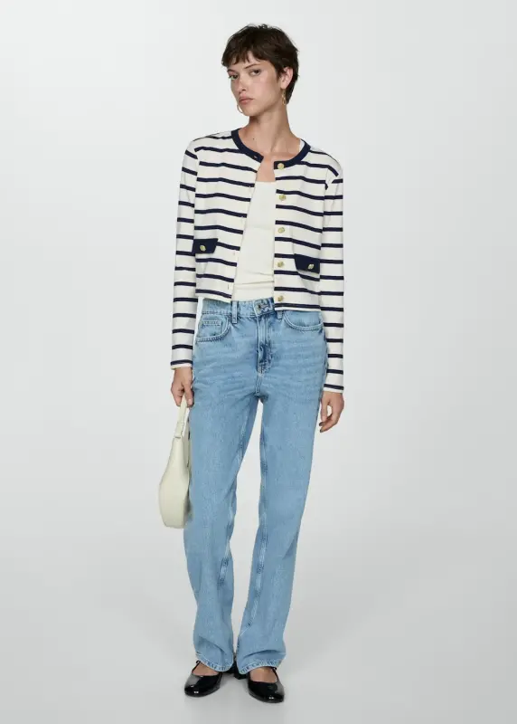 Düğmeli çizgili hırka - Ekrü - 2