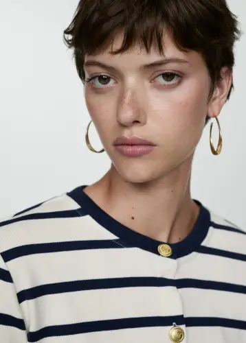 Düğmeli çizgili hırka - Ekrü - 5