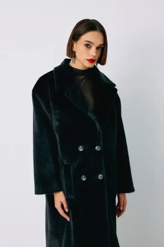 Düğmeli Kaşe Kaban - SİYAH-SİYAH - 5