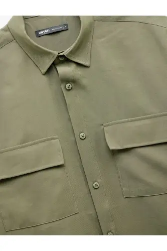 Düğmeli Klasik Yaka Kapaklı Cep Detaylı Rayon Regular Fit Viskon Kısa Kollu Gömlek-Haki - 5