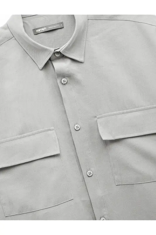 Düğmeli Klasik Yaka Kapaklı Cep Detaylı Rayon Regular Fit Viskon Kısa Kollu Gömlek-Gri - 5