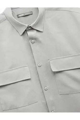 Düğmeli Klasik Yaka Kapaklı Cep Detaylı Rayon Regular Fit Viskon Kısa Kollu Gömlek - Gri - 5