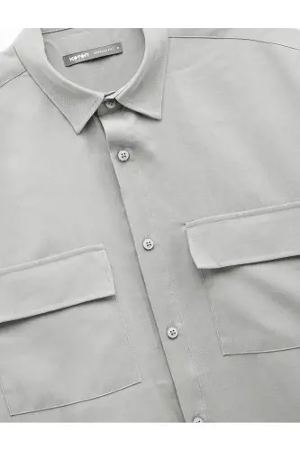 Düğmeli Klasik Yaka Kapaklı Cep Detaylı Rayon Regular Fit Viskon Kısa Kollu Gömlek - Gri - 6