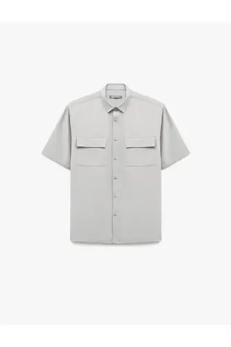 Düğmeli Klasik Yaka Kapaklı Cep Detaylı Rayon Regular Fit Viskon Kısa Kollu Gömlek-Gri - 3