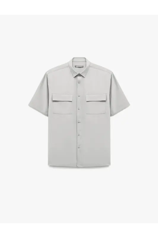 Düğmeli Klasik Yaka Kapaklı Cep Detaylı Rayon Regular Fit Viskon Kısa Kollu Gömlek-Gri - 3