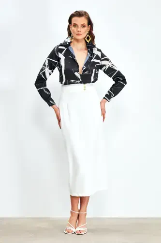 Düğme Detaylı Midi Etek - Ekru-EKRU - SATEEN (1)