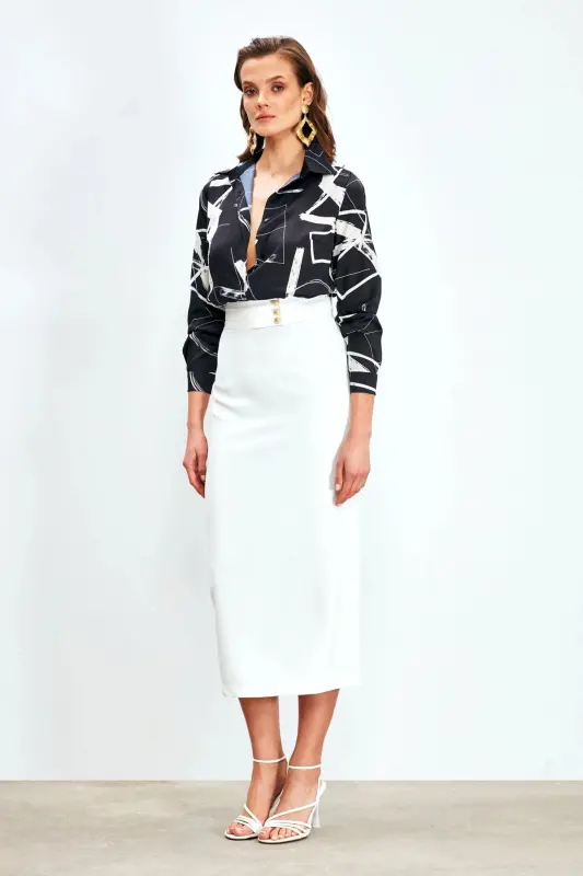 Düğme Detaylı Midi Etek - Ekru-EKRU - SATEEN