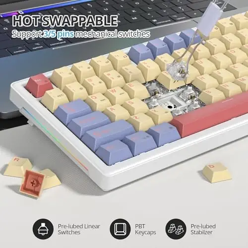 SbocKeeb 75% Mechanical Keyboard Gasket with Knob, Custom Wired Creamy Gaming Keyboard TKL 75 Percent Hot Swappable RGB Backlit, Pre-lubed Switch for Win/MAC PC Laptop（Cotton Candy/White Switch） - 5