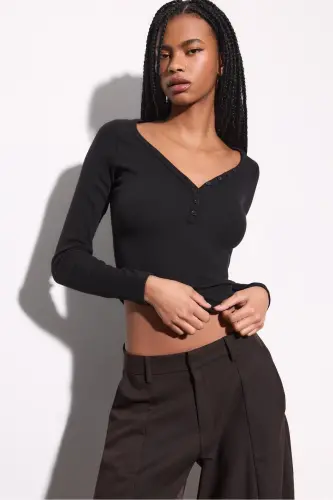 Düğmeli t-shirt-Siyah - 3