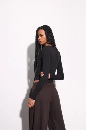 Düğmeli t-shirt-Siyah - 5