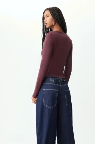 Düğmeli t-shirt-Bordo1 - 4