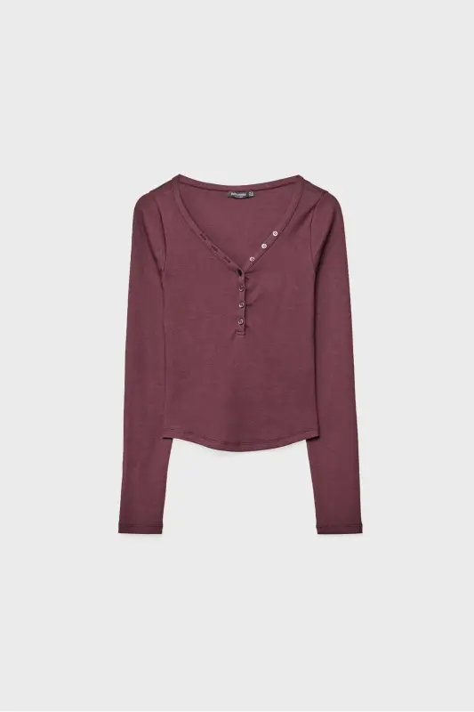 Düğmeli t-shirt-Bordo1 - 5