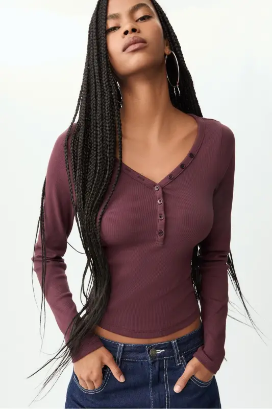 Düğmeli t-shirt-Bordo1 - 2