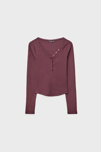 Düğmeli t-shirt-Bordo1 - 5